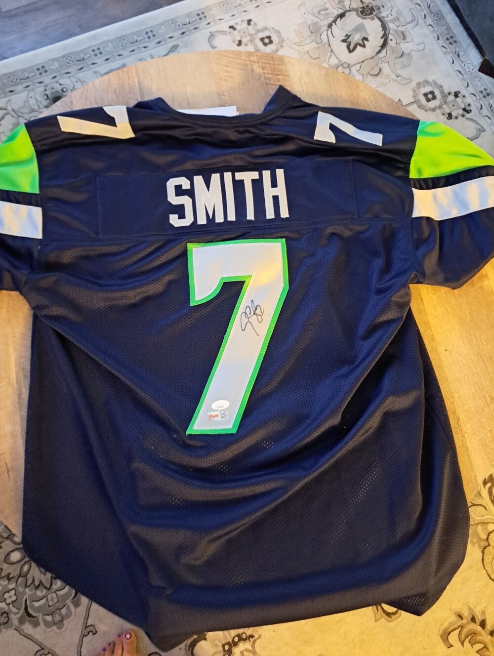 Navy Blue Smith #7 Short-Sleeve Football Jersey with Green Accents